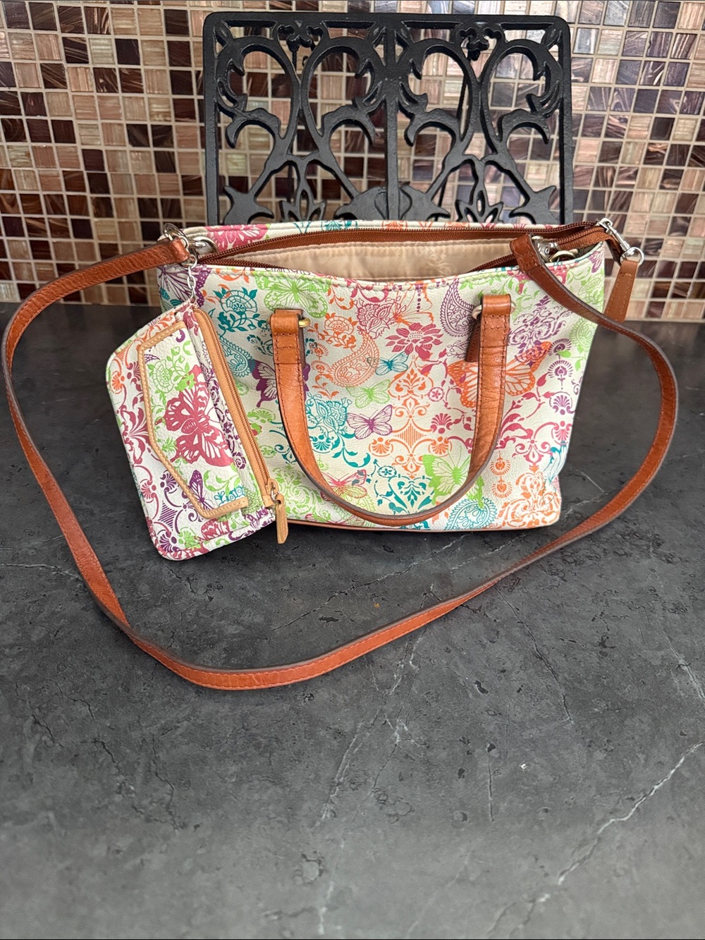Fossil Butterfly & Floral Canvas Shoulder Tote with Brown Leather Trim